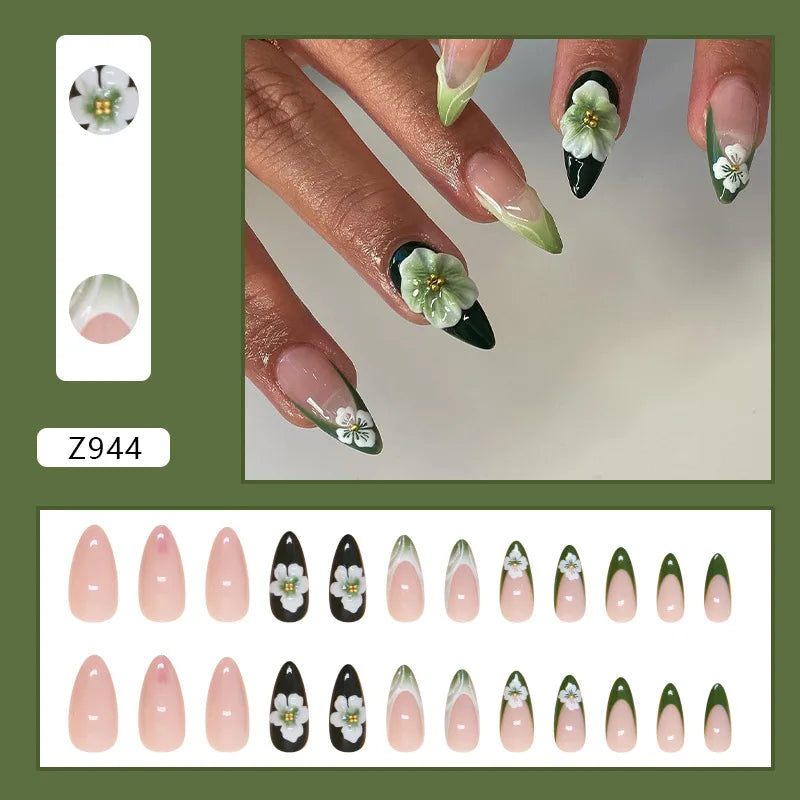 24pcs White Flower Fake Nail Tips Ins Yellow Pink Blush False Nails Wearable Full Cover European Almond Shaped Press on Nails