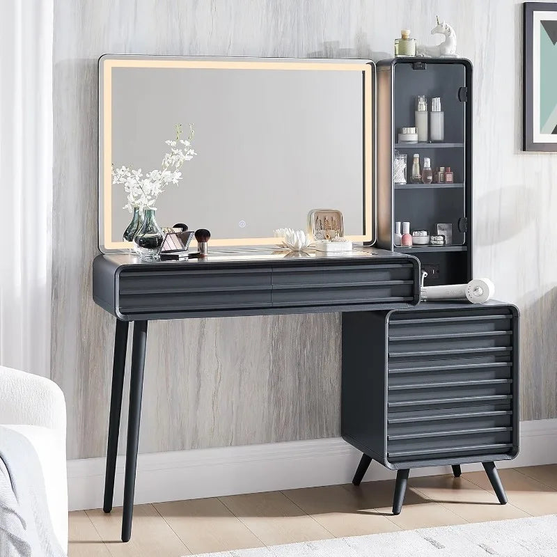 Fluted Makeup Vanity Desk with Large 35" HD Lighted Mirror, 48" Mid Century Modern Glass Top Vanity Table with 5 Drawers