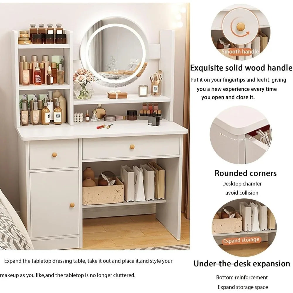 Dressing Table with Drawers, Vanity Desk with Mirror and Led Lights,3 Lighting Mode, Multifunctional Vanity Makeup Desk