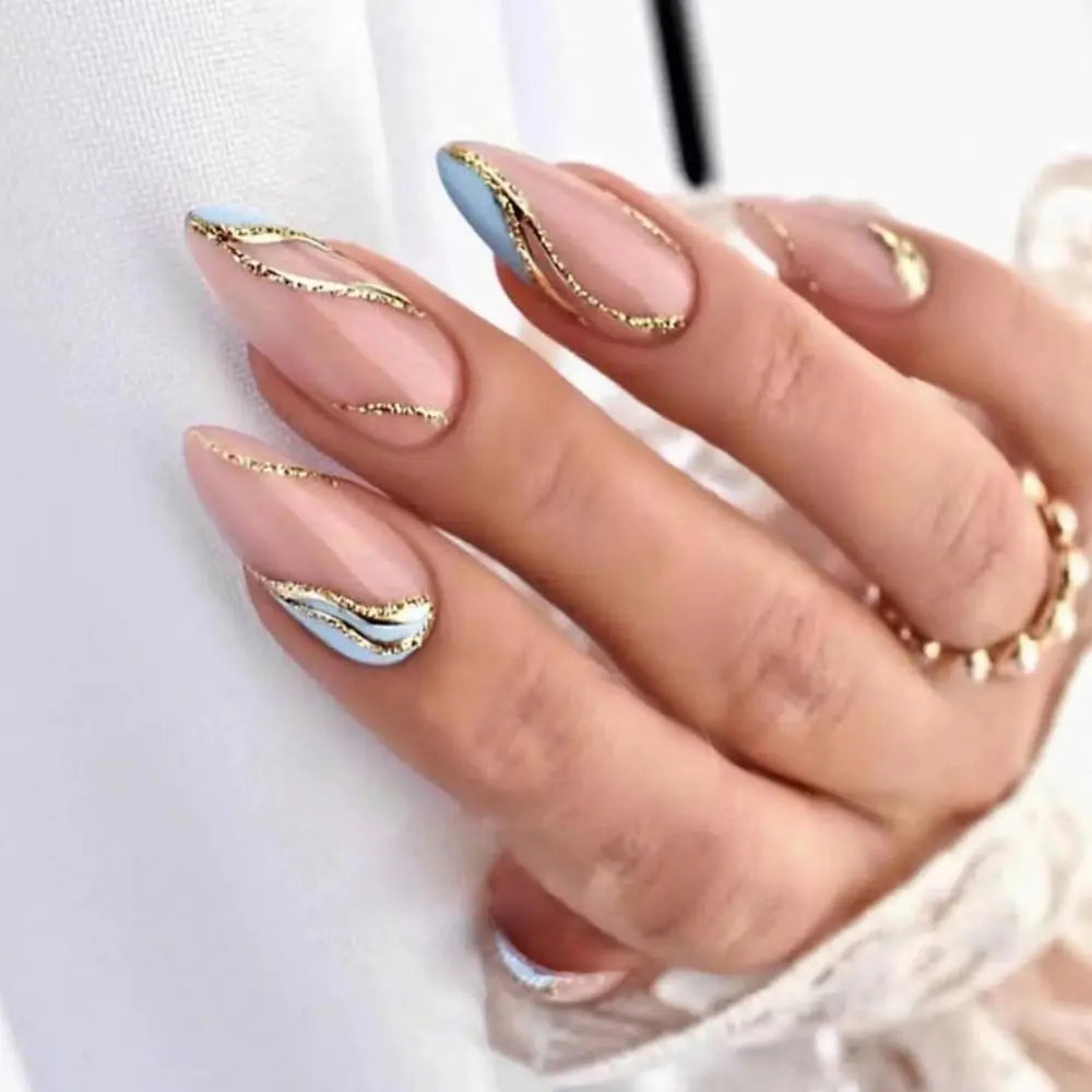 24pcs French False Nails Almond Head Summer Style Glitter Design Fake Nail Patch Full Cover Wearable Women Press on Nail Tips