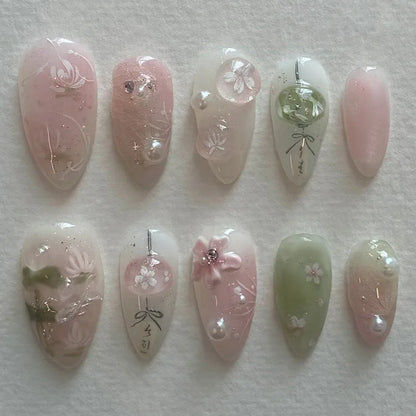 24Pcs Pink Almond False Nails Butterfly Ballet with French Design Wearable Fake Nails Simple Artificial Press on Nails Tips Art