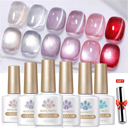 BORN PRETTY 6Pcs Water Light Cat Magnetic Gel Polish Set Winter Dark Red Blue Silver Semi Permanent Soak Off UV LED Gel Varnish