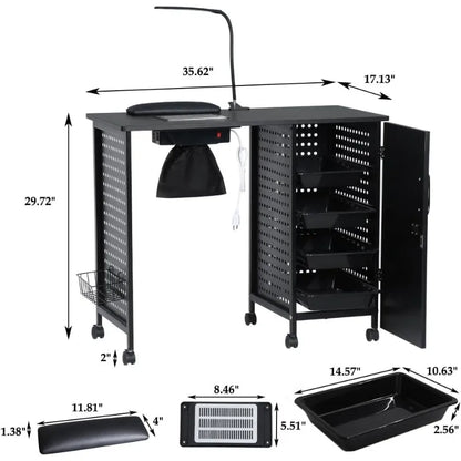 Manicure Table Nail Desk with Dust Collector & Charging Station, Nail Tech Table with 4 Large Drawers,Lockable Wheels,Iron Frame