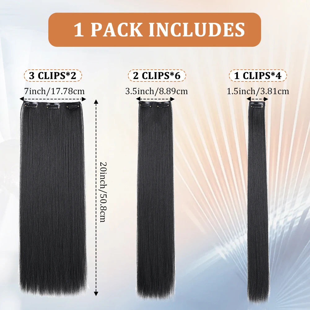 20Inchs Hair Synthetic Extensions 12pcs/set  Straight Hairstyle Full Head Clip 22 Clips  Hair Extensions For Women Girls