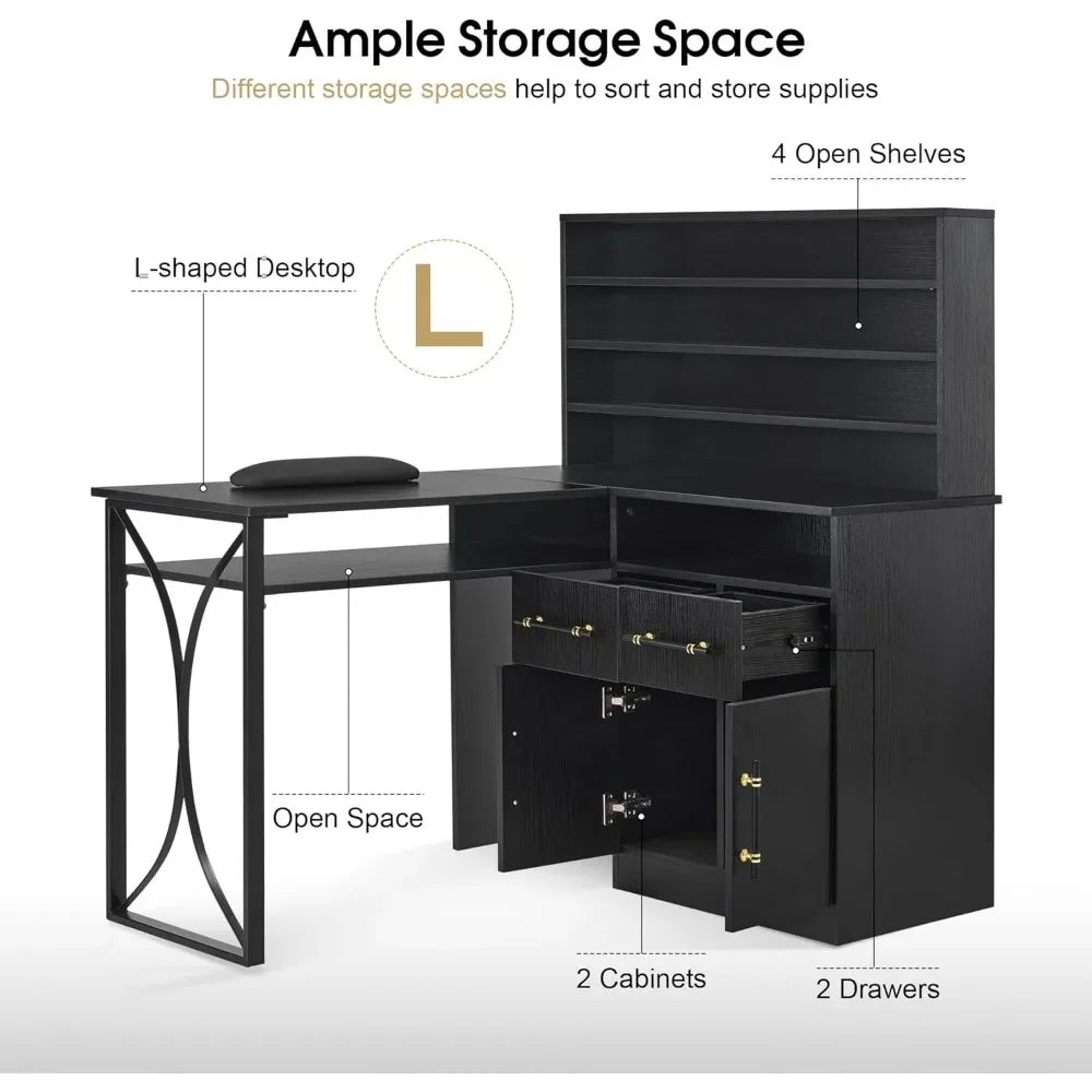 L-Shaped Nail Desk for Storage, Versatile Manicure Table with Drawers, Nail Desk with Cabinets, Professional Manicure