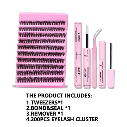 DIY Eyelash Extension Kit 200pcs Individual Lashes Cluster D Curl, 8-16mm Mix Lash Clusters with Lash Tweezers