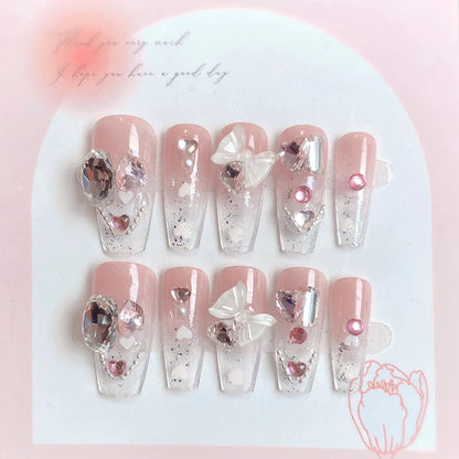 Blush Pink False Nails Bowknot Diamond Pearl 3D Design Press on Nail Tips with Harmless Smooth Edge Nails Woman DIY Fake Nails