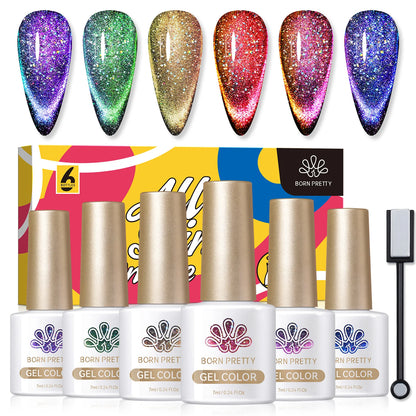 BORN PRETTY 6Pcs Water Light Cat Magnetic Gel Polish Set Winter Dark Red Blue Silver Semi Permanent Soak Off UV LED Gel Varnish