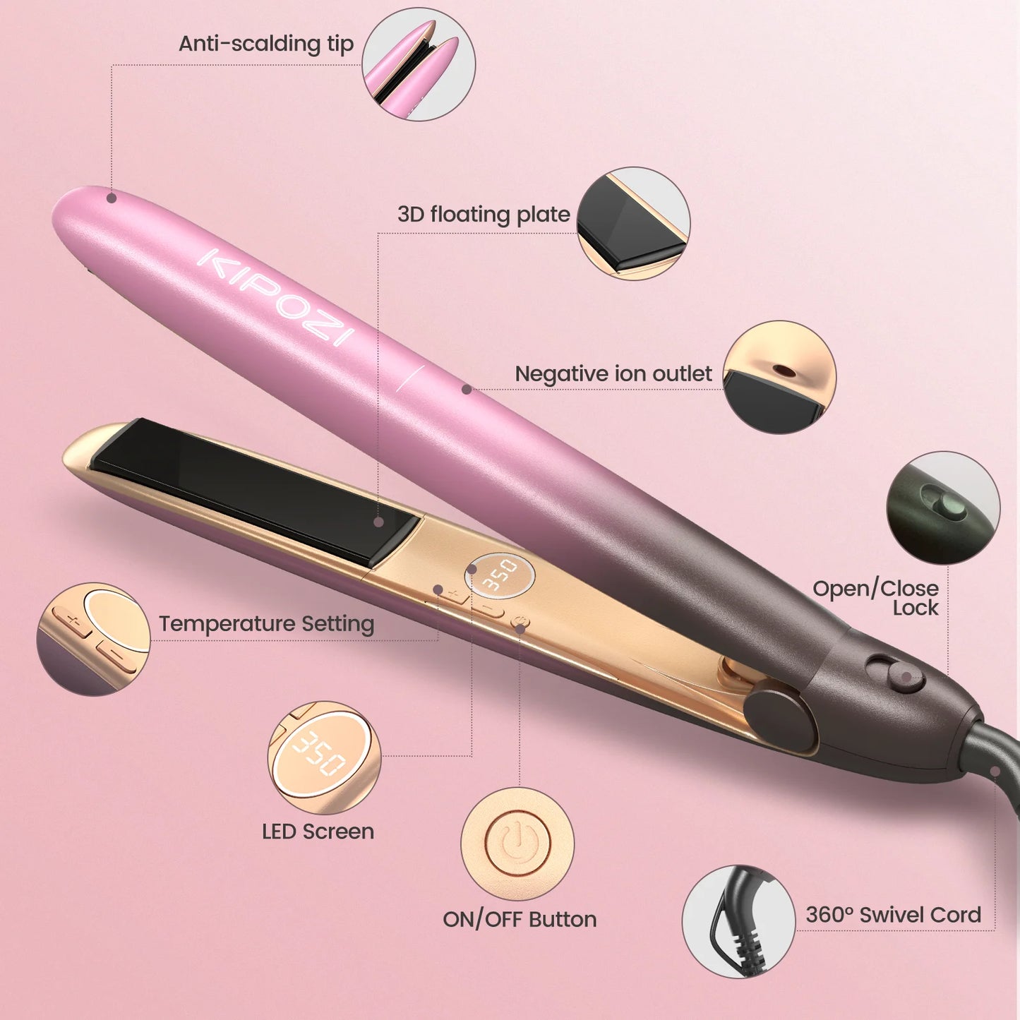 KIPOZI R7 Rose Gold Luxury Hair Straightener Curling Iron Titanium Flat Iron for Different Hair Style Salon Hair Styling Tool