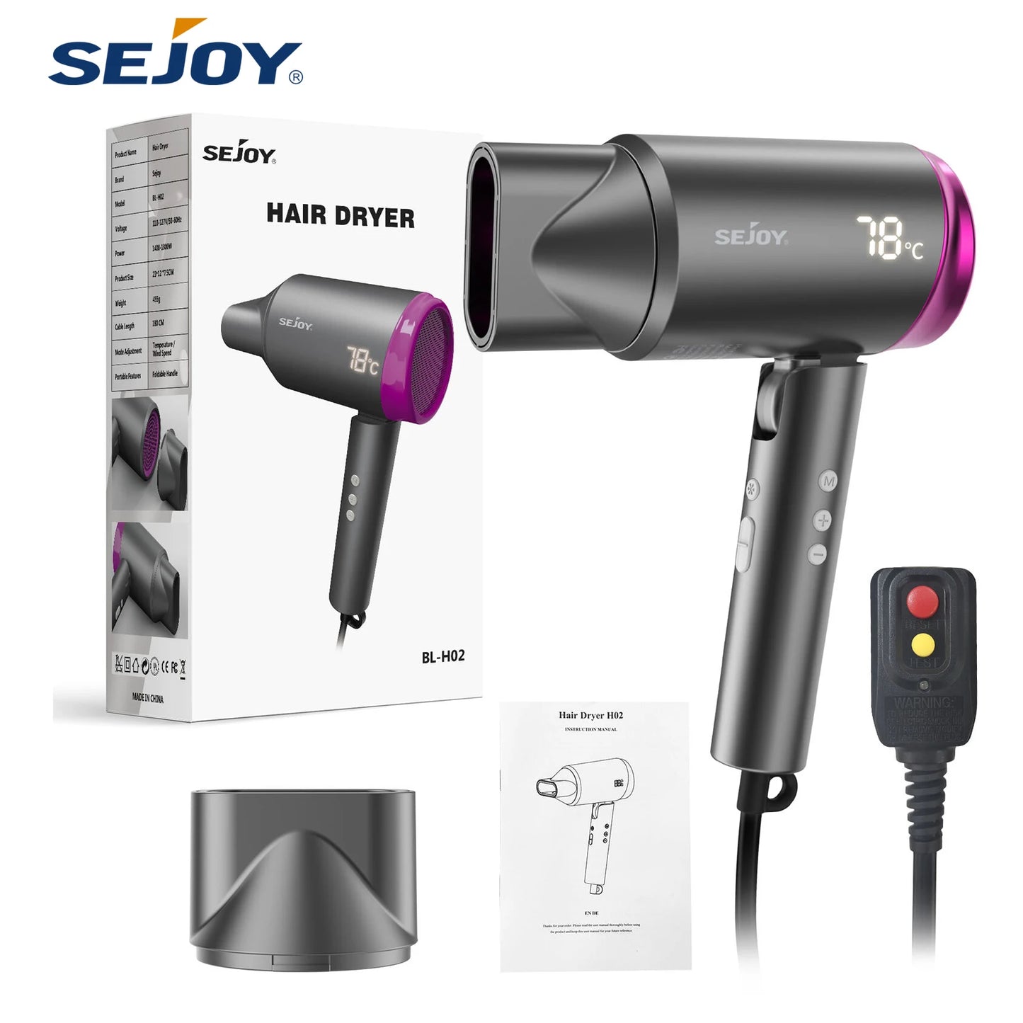 SEJOY Ionic Hair Dryers LED Display AnionTechnology Portable Lightweight Blow Dryer Airflow Salon