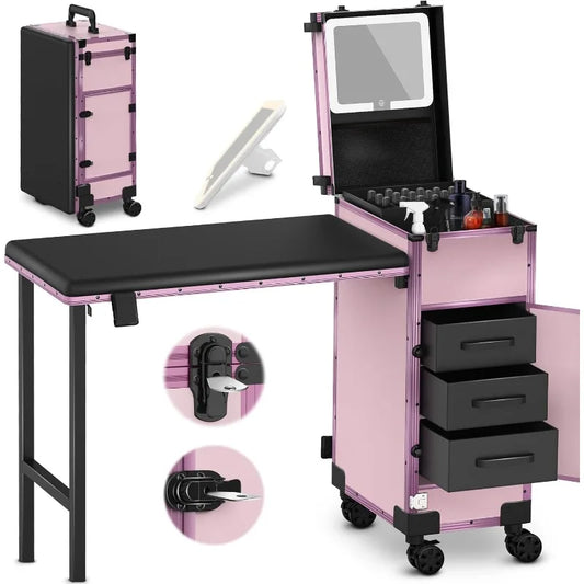 Rolling Portable Manicure Table,Lockable Makeup Train Case with Foldable Nail Desk,Cosmetic Travel Case for Workstation Mobile