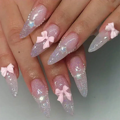 24Pcs Pink Almond False Nails Butterfly Ballet with French Design Wearable Fake Nails Simple Artificial Press on Nails Tips Art