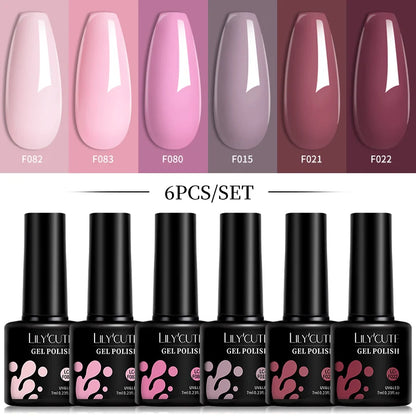 LILYCUTE 6Pcs/Set 7ML Gel DIY Nail Polish Bright Pink Semi Permanent Soak Off UV LED Gel Varnish Nail Art Design Manicure Kit