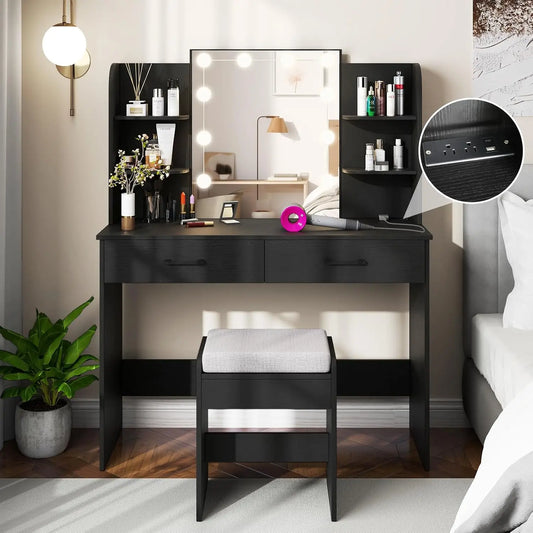 Loko Makeup Vanity Desk With Lighted Mirror, Dressing Table & Stool Set With Charging Station, 3-Color Adjustable Led Lights,