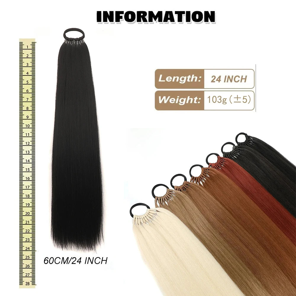 Synthetic Ponytail Extensions Elastic Band Black Brown Ponytail Extension for Women 24" Long Straight Soft Natural Pony Tails