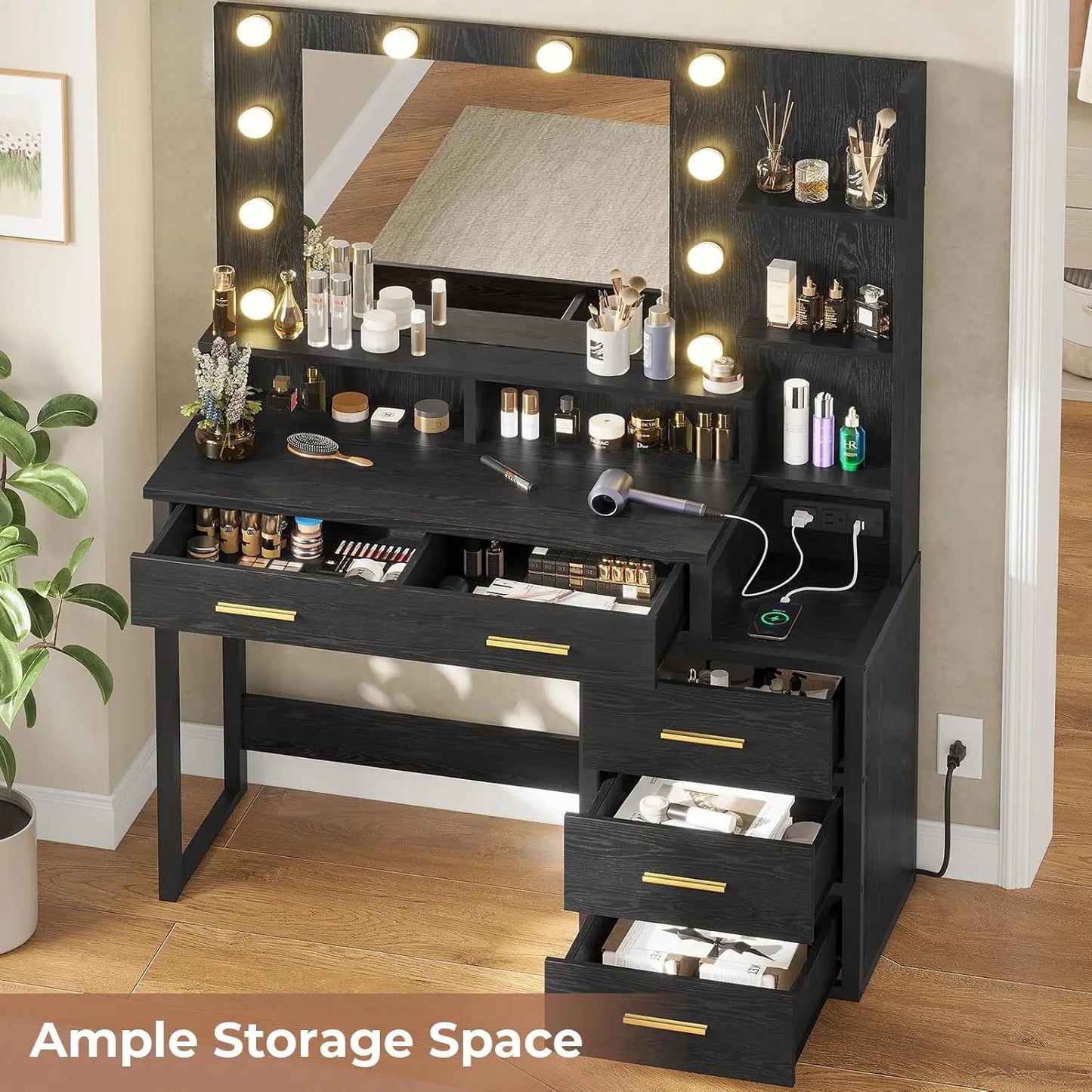 Makeup Vanity with Lights, Vanity Desk with Charging Station, Black Vanity Table with 10 Light Bulbs Mirror & 3 Lighting Modes