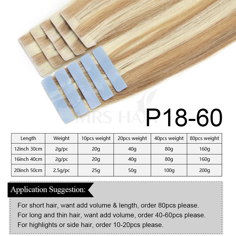 Invisible Tape in Hair Injection Tape in Human Hair Extensions #60 PU Weft Tape On 10pcs/pack Only Add Volume For Side Hair