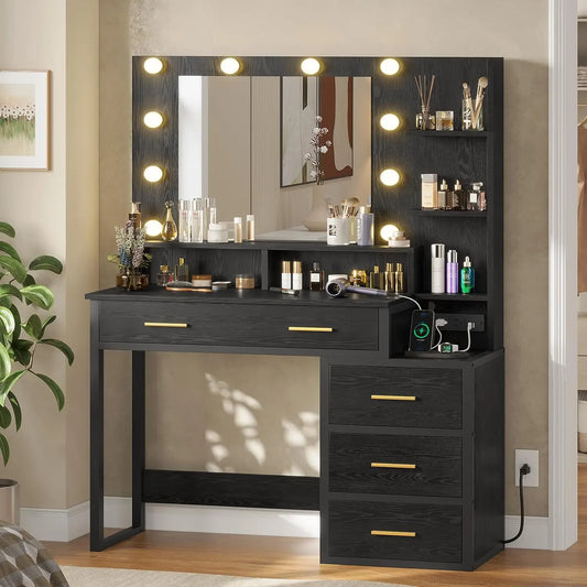 Makeup Vanity with Lights, Vanity Desk with Charging Station, Black Vanity Table with 10 Light Bulbs Mirror & 3 Lighting Modes