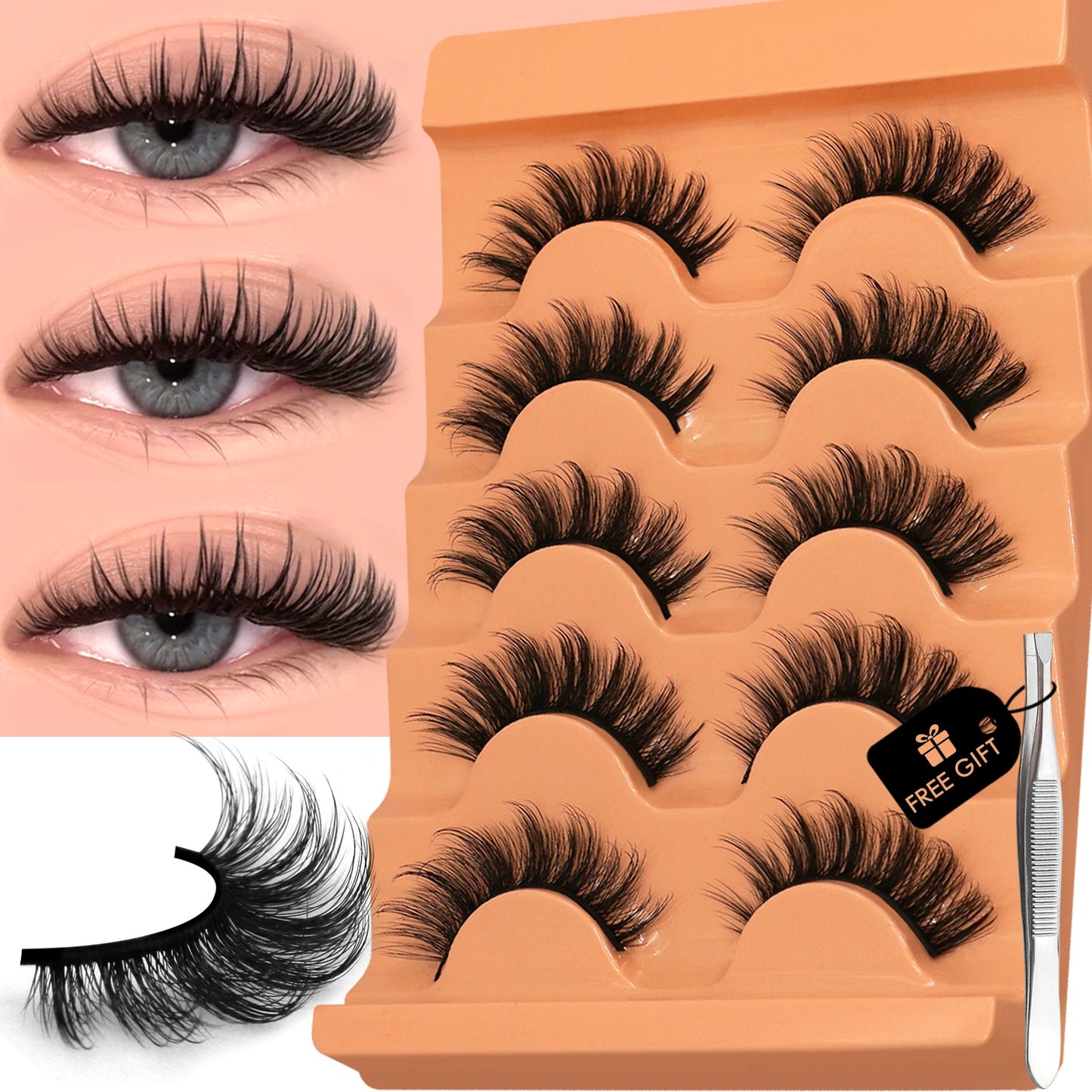 GROINNEYA Cat Eye Lashes Fluffy Faux Mink Lashes 8D Volume Wispy Long Lashes Fake Eyelash Russian Strips 5 Pairs Pack Makeup