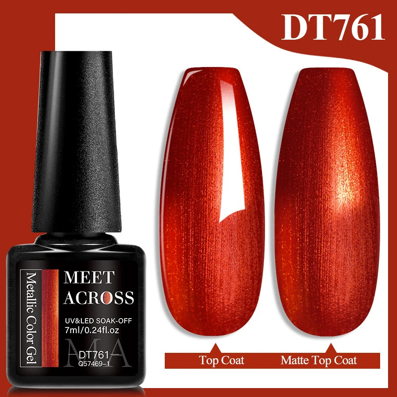 MEET ACROSS 7ml Red Metallic Color Gel Nail Polish Red Gold Silver Semi permanent Soak Off UV Gel Varnish Nail Art For Manicure