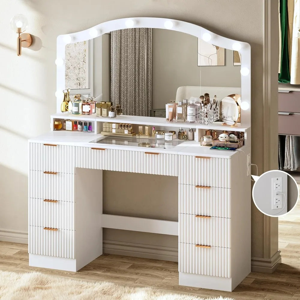 46" Fluted Vanity Desk with Large Mirror and Lights, Makeup Vanity Desk with Glass Top & Power Outlet,  3 Colors Lighting