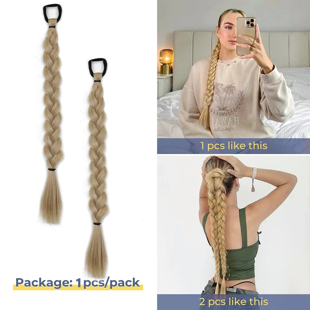 Synthetic Long Twist Braid Ponytail Extensions With Rubber Band 24 Inch Boxing Braided Hair Extensions For Women Daily Use