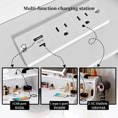 YYJ Large Vanity Desk with Mirror and Lights,Makeup Vanity with 5 Drawers,Modern Makeup Table with Power Outle and Adjustable
