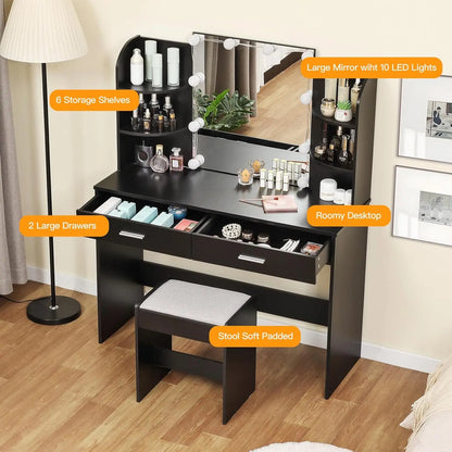 Makeup Vanity with Mirror and 10 LED Lights, Vanity Makeup Table Set with 2 Drawers and Open Shelves Makeup Vanity Desk Dressing