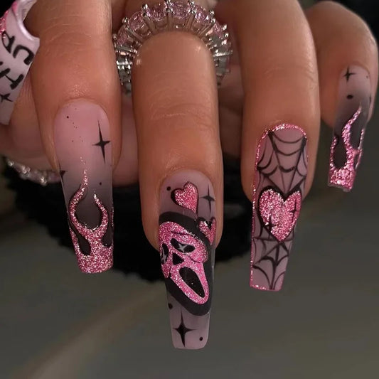 24pcs Glitter Pink Sequin Fake Nail Patch Scary Skull Love Heart Pattern Artificial Nails Full Cover Wearable Halloween Gifts