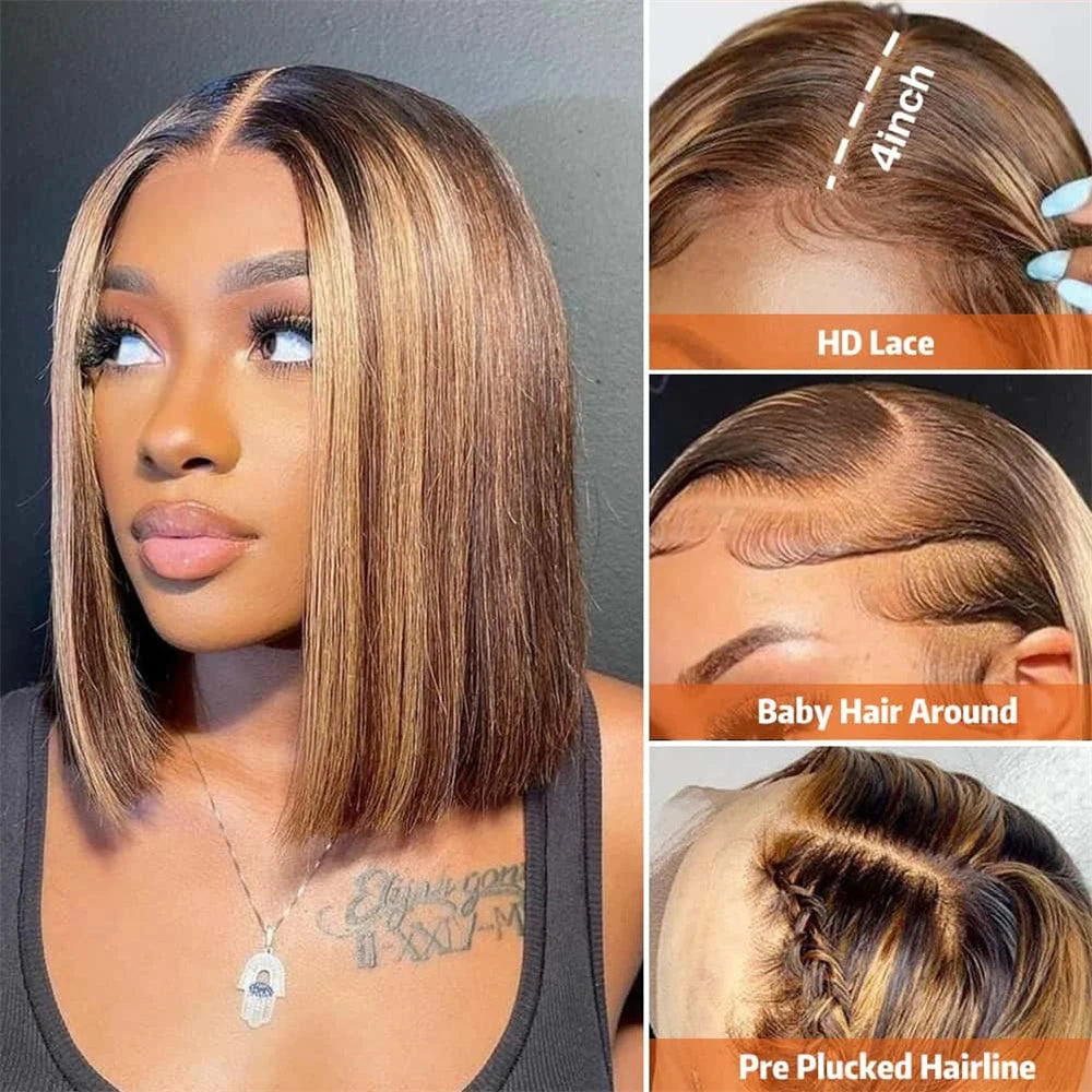 Straight Short Bob 100% Human Hair Wig Highlight 13x4 Lace Frontal Human Hair Wigs Bob Honey Blonde Ombre Brown Lace Front Wig