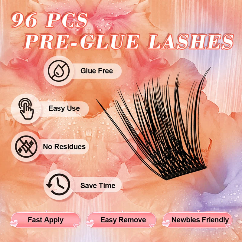 FAIRYTIS Self Adhesive Eyelashes 96 PCS Pre-Glued Cluster Lashes No Glue No Remover 10-16mm C Curl 1 Step DIY Lash Save Time