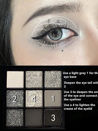 Cold Sweet Light European And American Smoky Eye Nine Color Eyeshadow Tray Cement Dark Punk Black And White Gray Metal Pearl