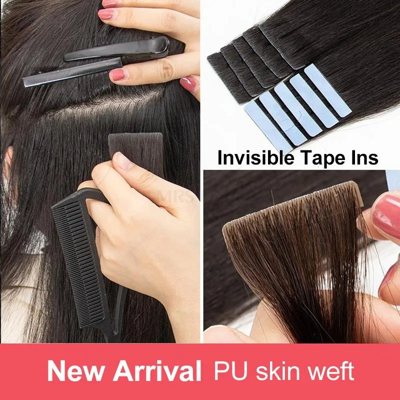 Invisible Tape In Extensions Human Hair Seamless Pu Skin Weft Injected Hair Extensions Hand Tied Adhesives Tape-Ins 10pcs/pack