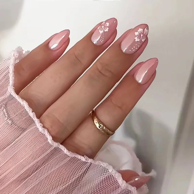 24pcs Ins Simple False Nails Goldfish Pattern Almond Fake Nail Wearable Detachable Simple Nude Pink Press On Nails Manicure Set