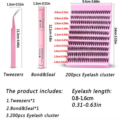 DIY Eyelash Extension Kit 200pcs Individual Lashes Cluster D Curl, 8-16mm Mix Lash Clusters with Lash Tweezers