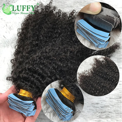 Kinky Curly Tape In Human Hair Extensions Double Drawn Skin Weft Adhesive Invisible Brazilian Remy Hair Black Color 40pcs/100g