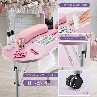 Portable Nail Desk with Nail Dust Collector, Rolling Manicure，with Manicure Hand Rests, 4 Lockable Wheels & Organizer Carry Bag