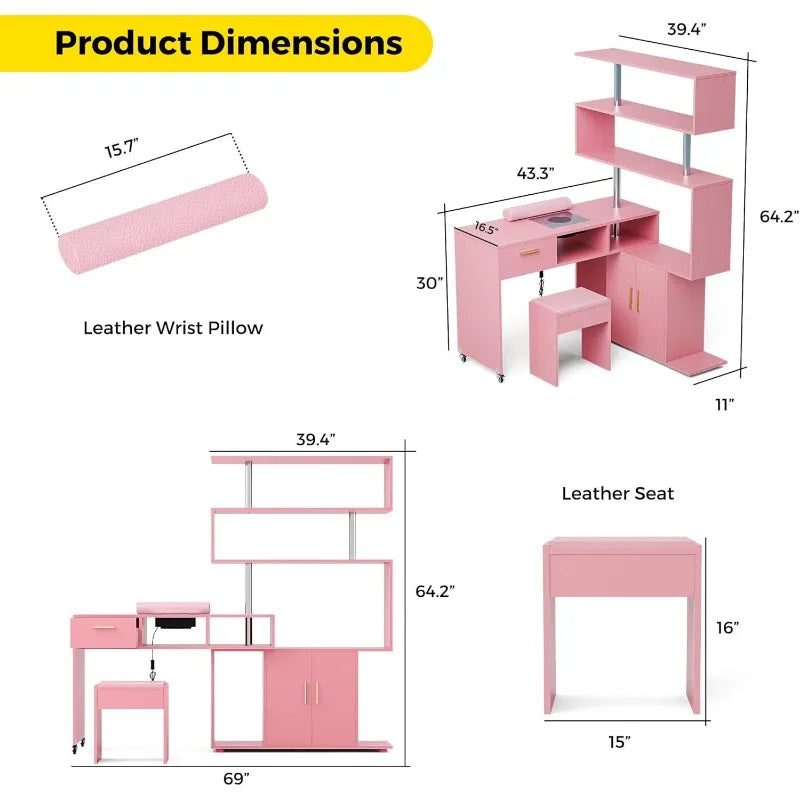 Manicure Table Nail Desk with Stool, Rotating L-Shaped Nail Tech Desk with Dust Collector, Two-Way Drawer