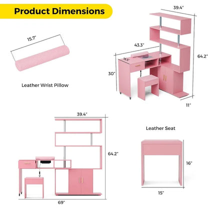 Manicure Table Nail Desk with Stool, Rotating L-Shaped Nail Tech Desk with Dust Collector, Two-Way Drawer