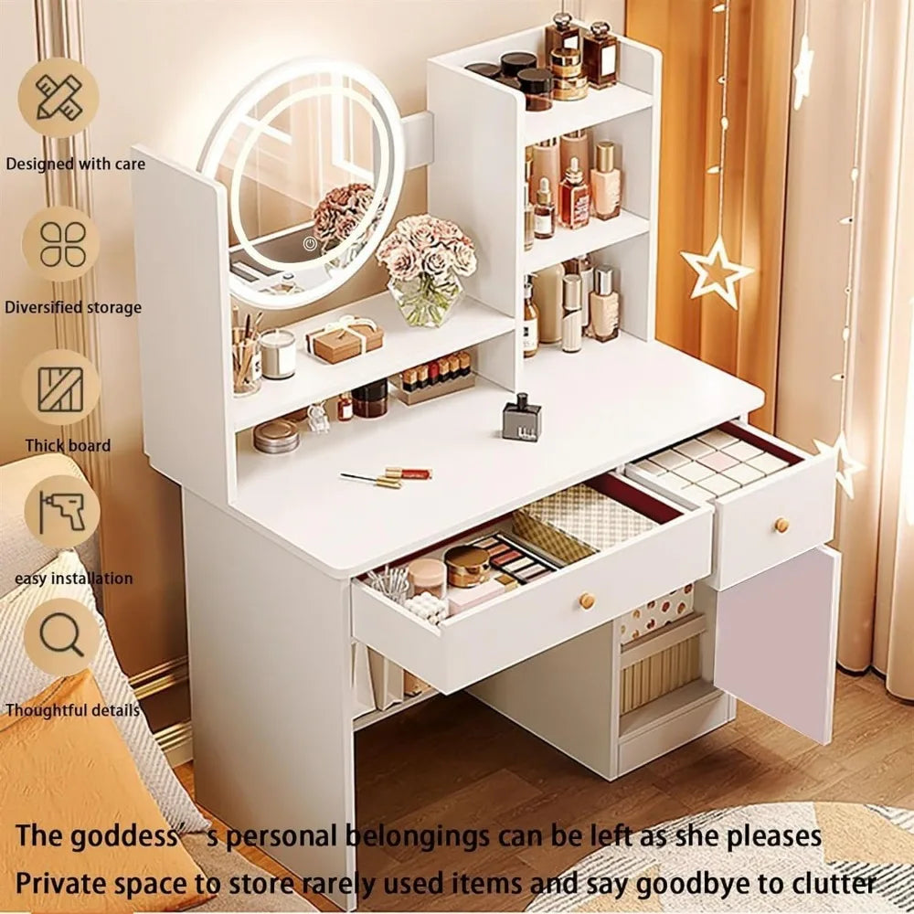 Dressing Table with Drawers, Vanity Desk with Mirror and Led Lights,3 Lighting Mode, Multifunctional Vanity Makeup Desk