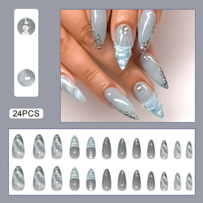 24pcs White Flower Fake Nail Tips Ins Yellow Pink Blush False Nails Wearable Full Cover European Almond Shaped Press on Nails