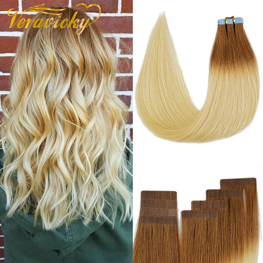 Veravicky 16" 18" 20" T8/613#  Ombre Blonde 50G Skin Weft Brazilian Remy Hair Natural Human Hair Tape In Extensions Brown Root