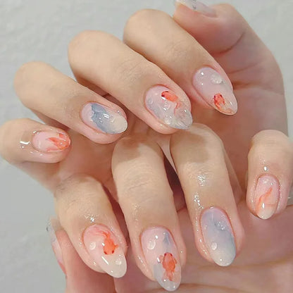 24pcs Ins Simple False Nails Goldfish Pattern Almond Fake Nail Wearable Detachable Simple Nude Pink Press On Nails Manicure Set