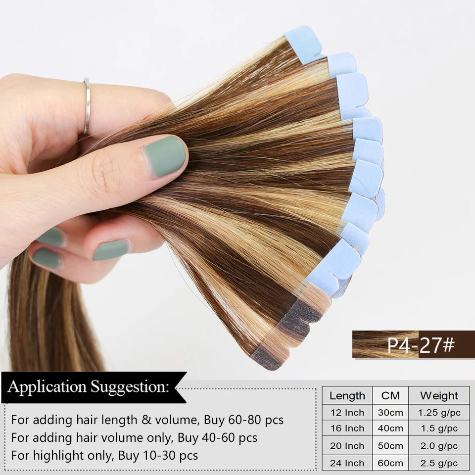 Mini Tape Hair Extensions Human Hair Natural Tape in Hair Extentions 3x0.8cm Invisible Tape 10pcs/pack For Side Hair