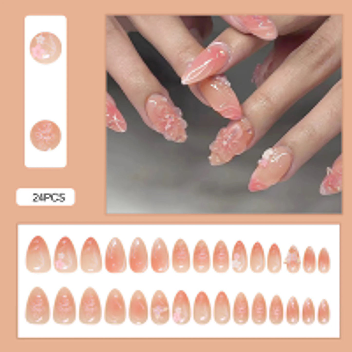 24pcs White Flower Fake Nail Tips Ins Yellow Pink Blush False Nails Wearable Full Cover European Almond Shaped Press on Nails