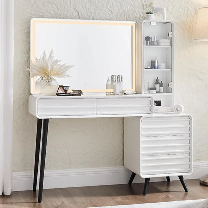 Fluted Makeup Vanity Desk with Large 35" HD Lighted Mirror, 48" Mid Century Modern Glass Top Vanity Table with 5 Drawers