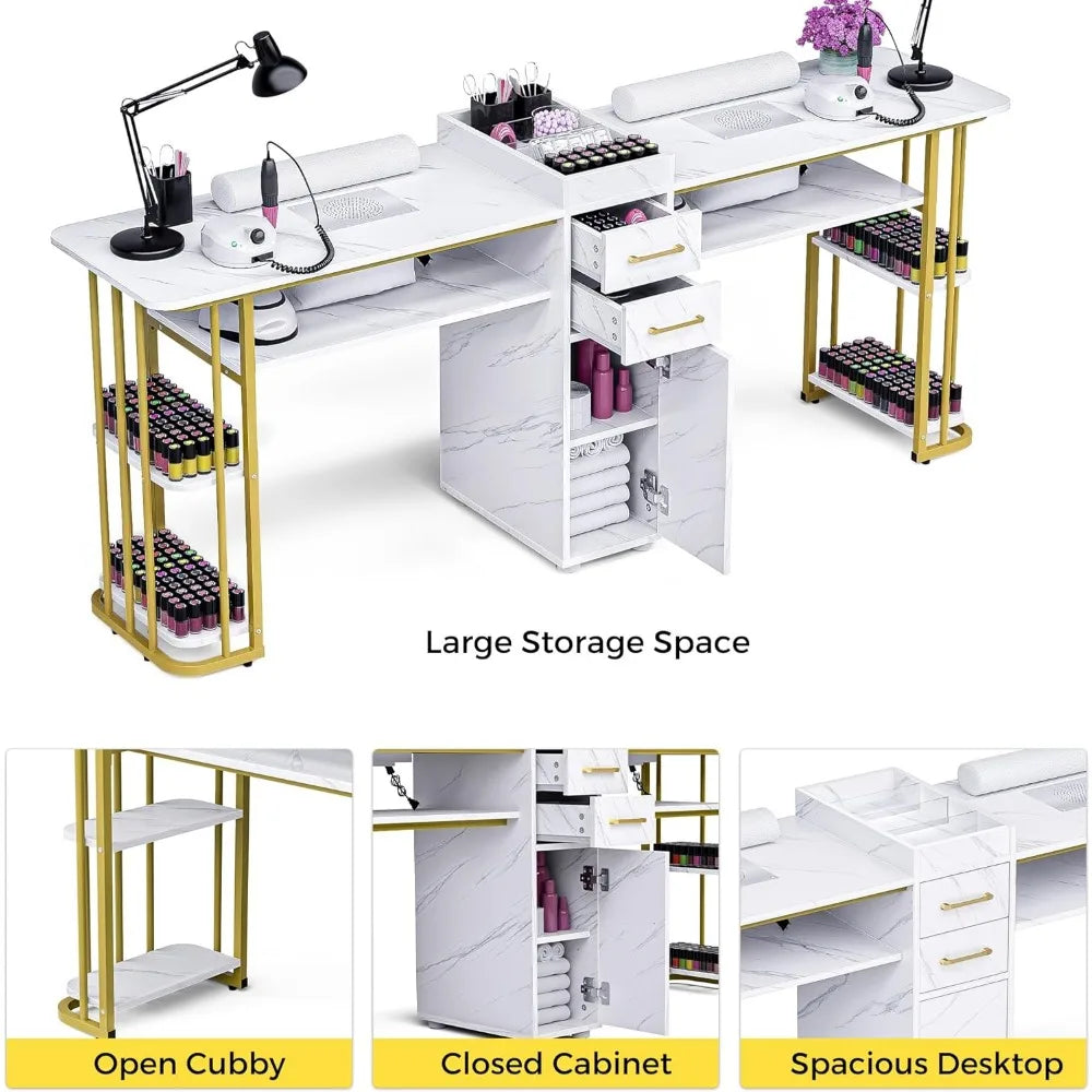 Double Manicure Table Nail Desk for Nail Tech, Nail Station w/ 2 Dust Collectors, 2 Wrist Rests, 8 Dust Bags, Acetone Resistant