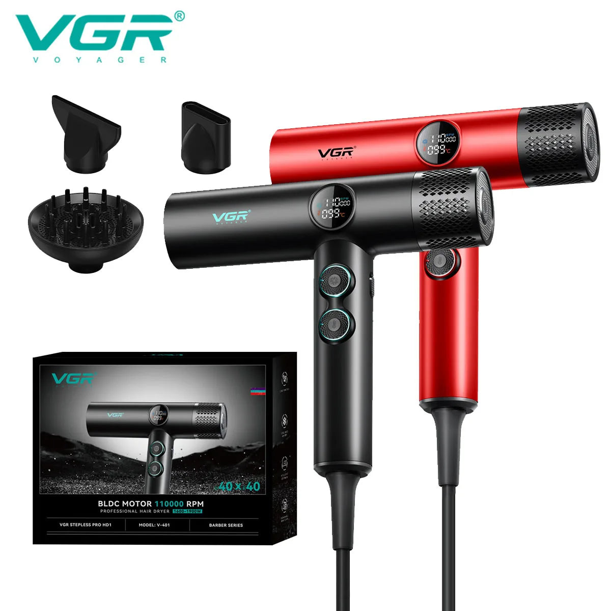 VGR Hair Dryer Professional Hair Dryer Machine Hot and Cold Adjustment Air Blower Brushless Motor 110000 RPM Barber Salon V-401