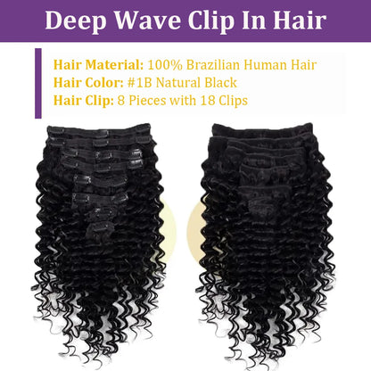 Clip in Hair Extensions With 18 Clips Deep Wave Real Human Hair Curly Thick to Ends For Women 120G 240G Per Set Natural Black