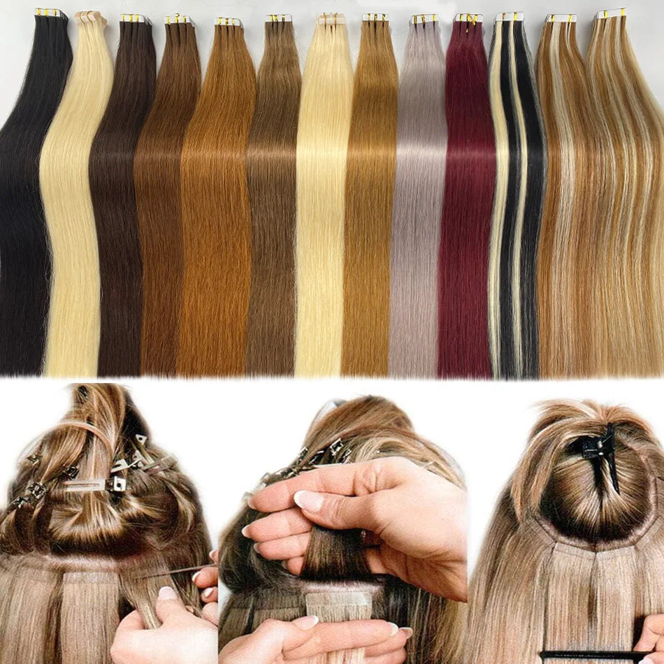 Tape In Human Hair Extensions Straight Human Hair 40pcs/Pack European Remy Straight Invisible Tape-Ins Adhesive Hair Extensions